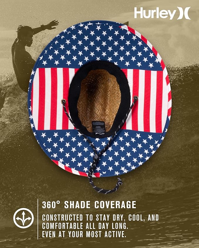 Hurley Men's Straw Hat - Wide Brim Channel Island Lifeguard Hat - Stylish Sun Hats for Men with Chin Strap