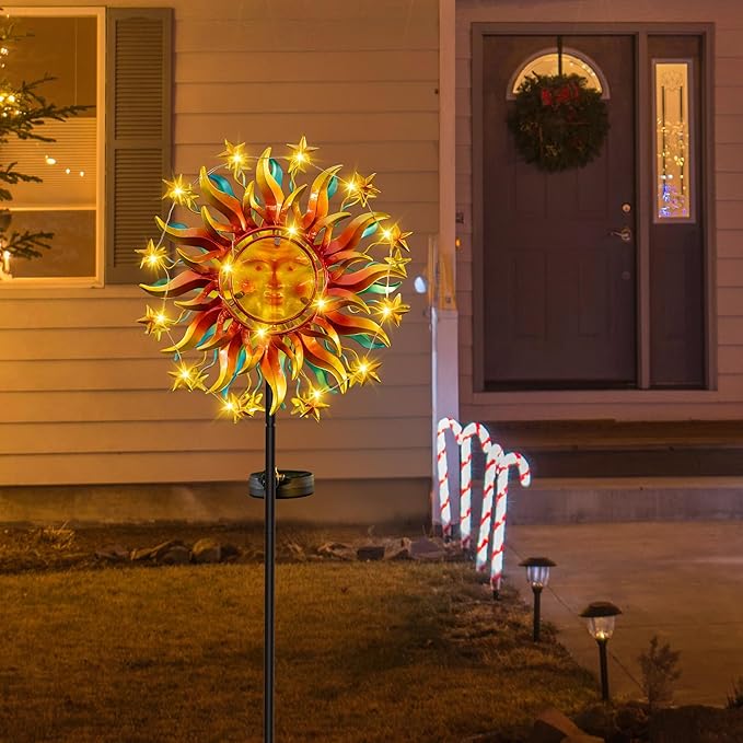 Solar Wind Spinners for Yard and Garden - 60.3 Inch 360° Metal Sun Wind Sculptures Outdoor Clearance Kinetic Windmills with Vine String Shining LED Lights for Patio, Lawn Xmas Garden Decoration