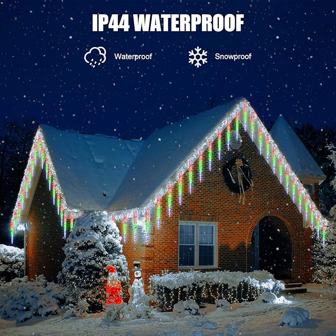 Christmas Meteor Shower Icicle Lights Outdoor, 19.8Ft With 20 Large Tube 480 LED Dropping Effect, Waterproof Decorations for House Eave Roofline, Multicolor