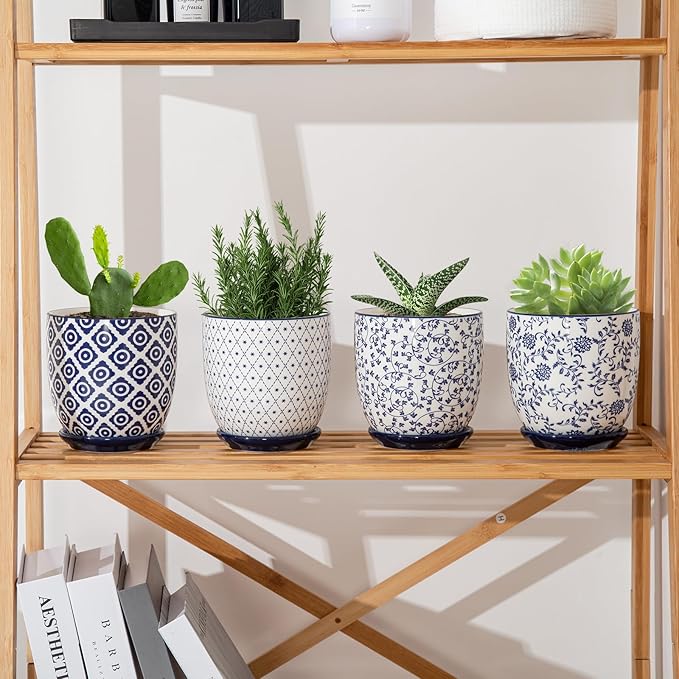Ceramic Succulent Planter Pots - 4.6 Inch Small Flower Pot with Drainage Holes and Saucers for Indoor Plant, Cactus, Herbs, Outdoor Plants, Home Decor, Set of 4, Vintage Blue