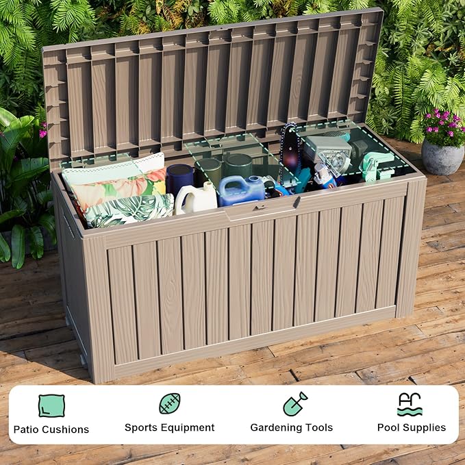 76 Gallon Outdoor Deck Box,Storage Lockable Waterproof Patio Furniture,Garden Tools,Cushions,Pool Accessories Outside Storage Resin Box(Grey)