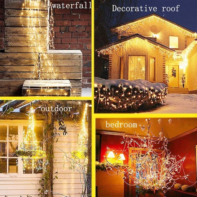 220 LED Firefly Bunch Lights Battery Operated, 8 Flashing Modes Waterproof Copper Wire Waterfall Lights, Remote Controlled Timer and Hooks, Fairy Lights for Indoor Outdoor Decor (Warm White)