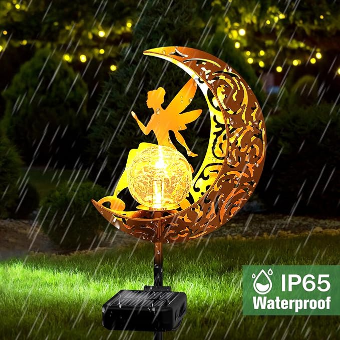 Garden Solar Lights Outdoor Decorative, Moon & Fairy Solar Stake Crackle Glass Globe, Gardening Gifts for Women, Garden Stake Lights Waterproof for Walkway, Yard, Lawn, Patio (Warm White)