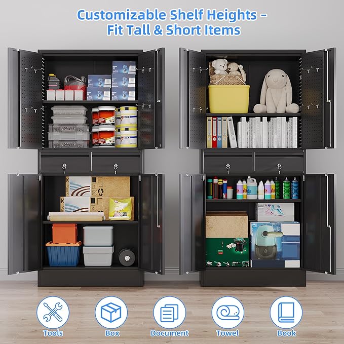 Metal Garage Storage Cabinet with Locking Doors and 2 Adjustable Shelves, Rolling Tool Storage Cabinet with 4 Wheels and 2 Drawer for Garage, Warehouse, Black, Assembly Required