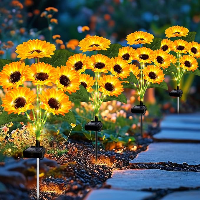 Solar Lights Outdoor Garden Decor,4 Pack with 24 Sunflower Lights,Solar Flowers Lights Waterproof,Sunflowers Gifts for Mom Women Grandma Birthday,Decorative Stakes Lights for Landscape Yard Patio Lawn