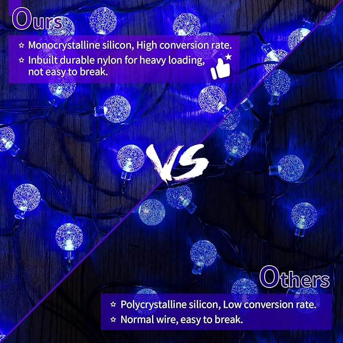 Brightown Solar String Lights - 60 Led, 35.6 Feet Crystal Globe Lights with 8 Modes, Waterproof, Solar Powered for Outdoor Garden Yard Porch Wedding Party Decor Halloween (Blue)