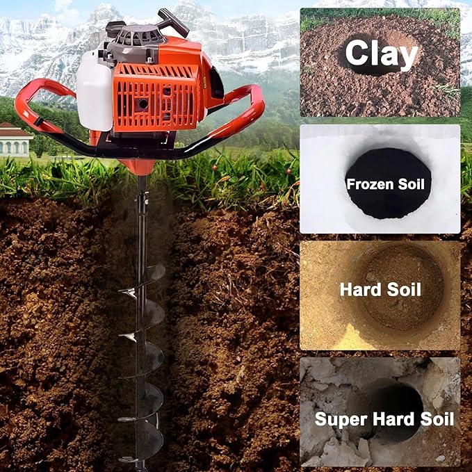 62cc 2.8HP Post Hole Digger Gas Powered, Gas Earth Auger/Ice Auger, with 2 Drill Bits 3"/6"/8" + 3 Extension Bar, One Man Earth Auger for Planting Fence, EPA Compliant Post Hole Auger
