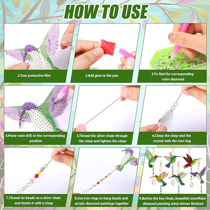 Tradder 6 Pcs Diamond Art Kits 5d Rhinestone Painting Wind Chimes Art Sun Catchers Double Sided Hummingbird Birds Art Kits with Crystal Pendant for Adults Home Window Decor Garden