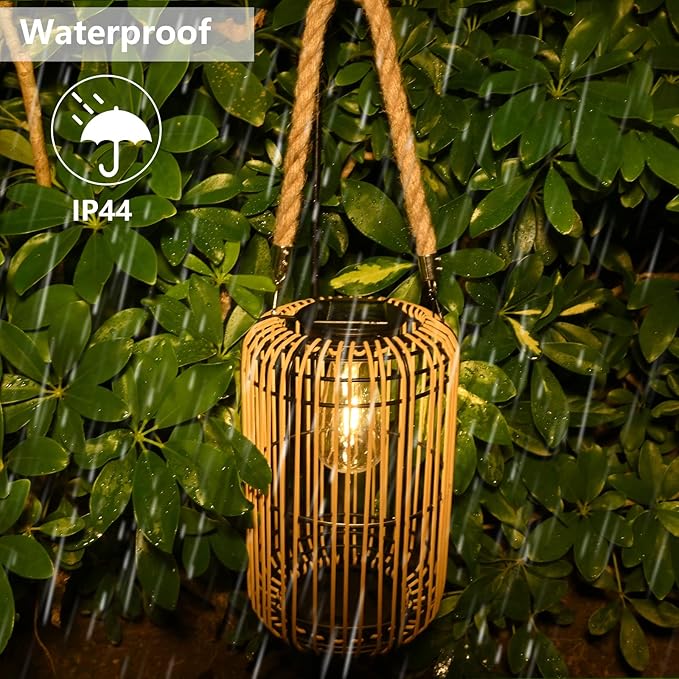 Solar Lantern Outdoor Waterproof, Large Solar Rattan Lantern Outdoor Hanging with Handle, Bright Solar Outdoor Lights with Edison Bulb for Garden Patio Yard Tabletop Decoration