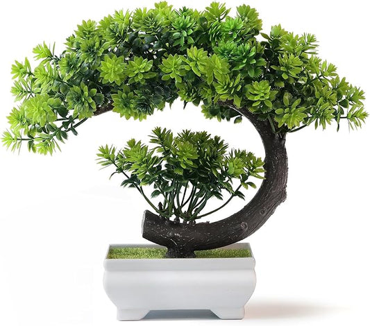Small Artificial Plants Greenery Desktop Bonsai - Green Plastic Fake Plants for Home Decor, Indoor Bookshelf, Office Desk and Bathroom Room Decor, Tall 8.5"