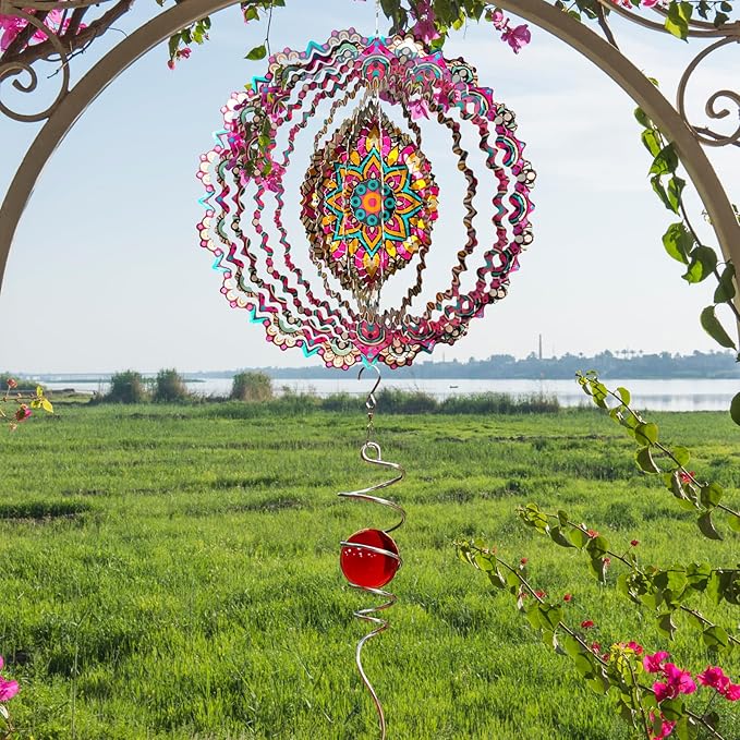Wind Spinner Blossom Mandala Wind Spinners Outdoor 12inch 3D Stainless Steel Hanging Wind Sculptures Creates Holographic Effect. Kinetic Garden Decoration Yard Art Decor Worth Mandala Gifts