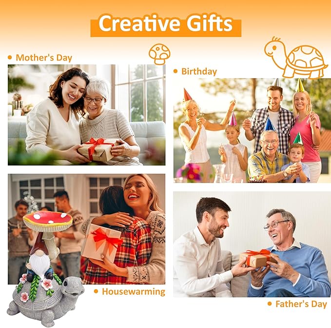 Turtle Garden Statue with Mushroom Bird Bath Outdoor Decor, Gnome Bird Feeder with Solar LED Light Waterproof for Yard Lawn Outdoor Decorations, Easter Gifts to Women Birthday Mother's Day