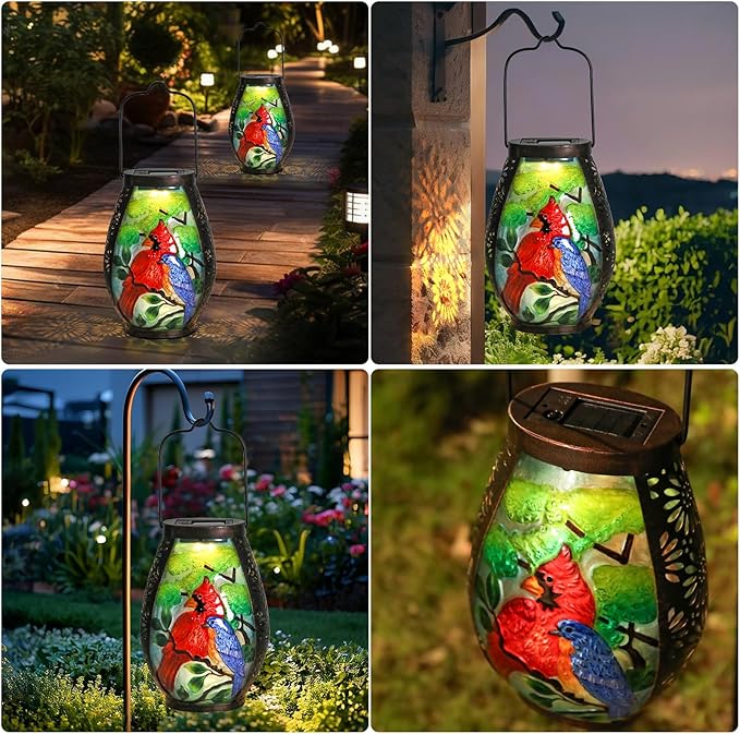 MUMTOP Solar Lanterns Outdoor Waterproof Cardinal Bluebird Solar Powered LED Lights Hanging Solar Lantern Metal Decorative for Patio Table Garden Outside Yard Backyard