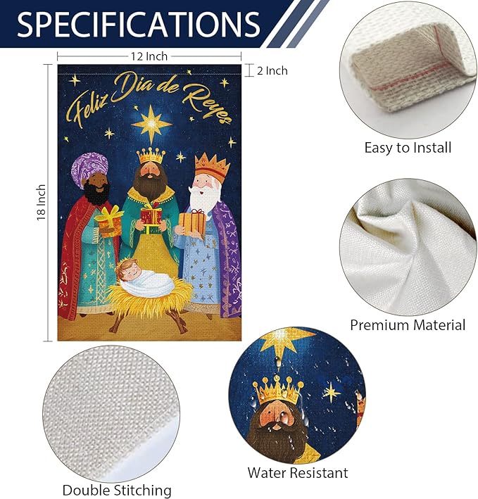 Heyfibro Feliz Dia De Reyes Garden Flag Three Kings Christmas Flags 12 x 18 Inch Double Sided Burlap,Nativity Christ Yard Banner for Xmas Winter Farmhouse Seasonal Decor(ONLY FLAG)