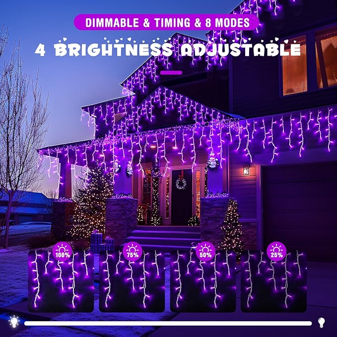 JMEXSUSS Purple Christmas Icicle Lights, 38.8 FT 400 LED Purple Icicle Lights Outdoor Waterproof, 8 Modes Purple Christmas Lights with 80 Drops Plug in for House Christmas Party Decorations