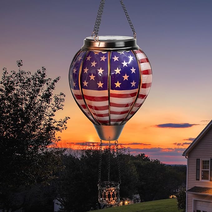 pearlstar Hot Air Balloon Solar Lantern with Flickering Flame Light Outdoor 4th of July Decorations Solar Hanging Lights Waterproof for Garden Yard Patio Outside Independence Day Decoration, Flag