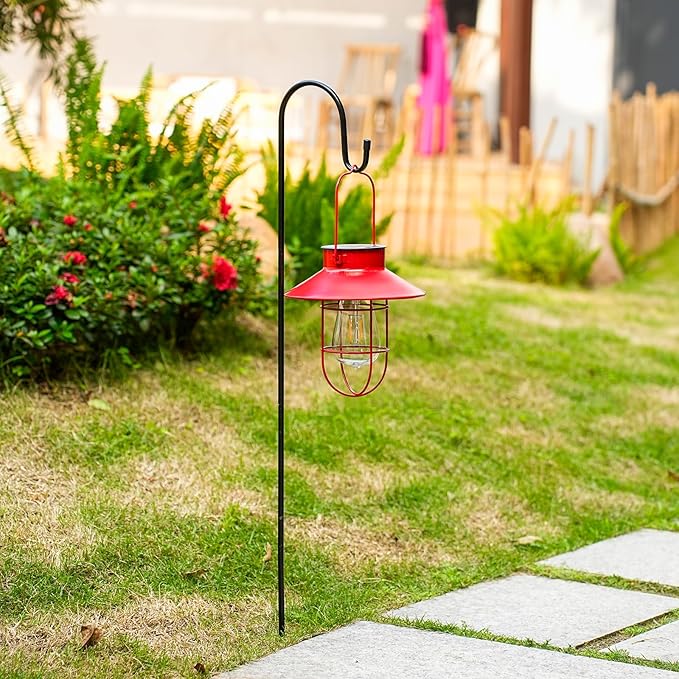 Solar Lights Lantern Lamp with Shepherd Hook, Solar Metal Lanterns, Outdoor Lights Decor,Edison Bulb Lights for Garden ,Outside Decor for Pathways,Patio, Lawn, or Landscaping(Red)