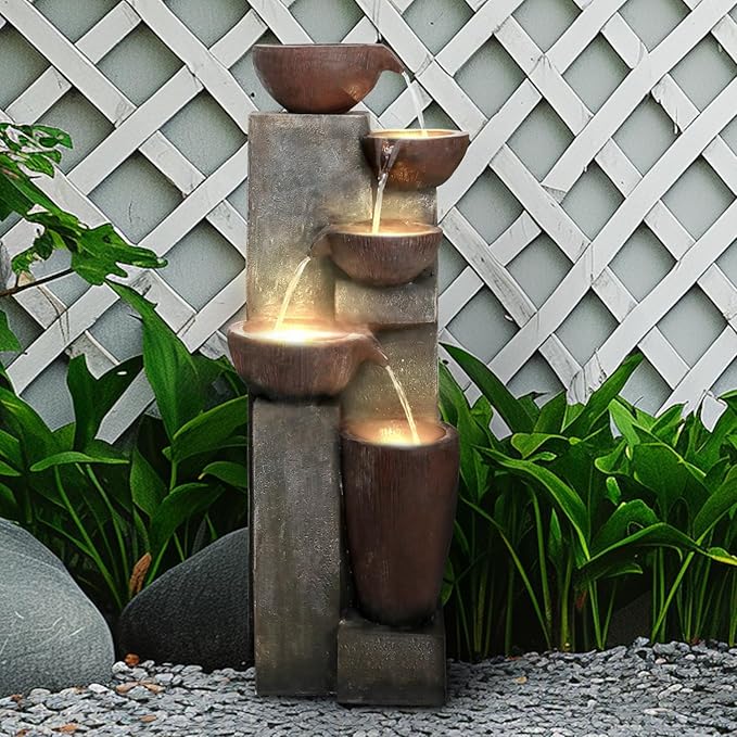 Naturefalls 39.7in.Modern Outdoor Fountain -5-Tier Resin Water Feature, Indoor Outdoor Garden Waterfall Fountain with Contemporary Design&LED Lights for Patio, Yard, Deck, House, Office, Home Decor