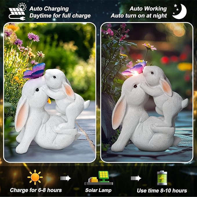 Easter Bunny Figurines Solar Garden Outdoor Statue with Butterfly Decorations Lights Easter Bunnies Decor Gifts for Women Mom Rabbit Statue for Outside Yard Patio Garden Lawn Ornament