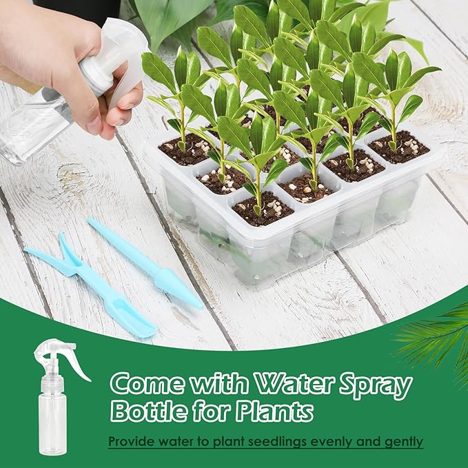 Reusable Seed Starter Tray, 4 Pack Silicone Seed Starter Kit for Starting Plant Seeds with Humidity Adjustable Dome and Lid, Indoor Seed Starting Supplies with Water Spray Bottle for Plants, BPA-Free