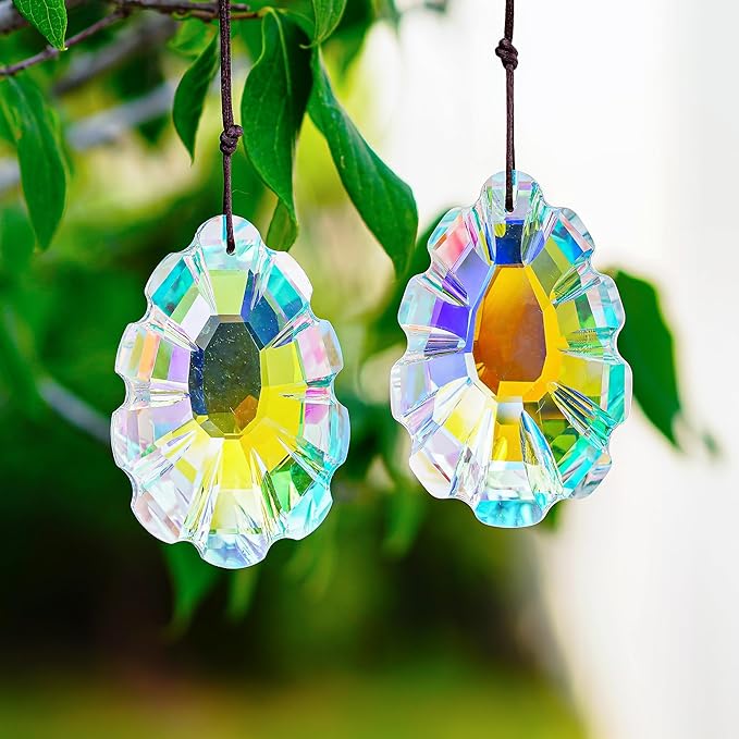 HDCRYSTALGIFTS Set 2 Crystal Sun Catchers for Window Protect Bird Strike, AB Colored 76mm Hanging Ornaments for Windows Rainbow Prism Suncatchers Garden Home Decor
