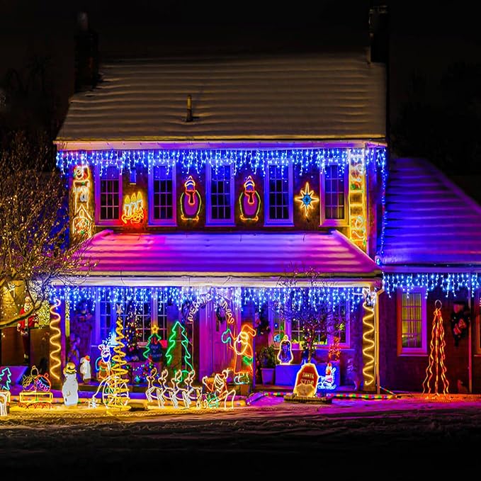99ft Icicle Lights for Outside, Blue Christmas Lights Outdoor Indoor, 1216 LED Twinkle String Light with 228 Drops Short Curtain Lights for Thanksgiving Room Home Wall Bedroom Window Tree Decorations