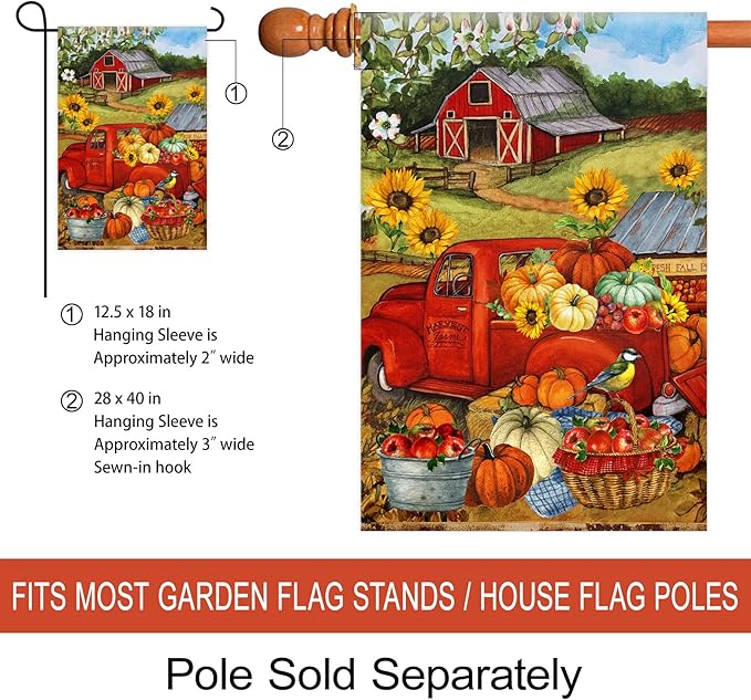 Morigins Autumn Harvest Farm Truck Fall Pumpkin Garden Decorations Double Sided FarmHouse Outdoor Garden Flag 12.5 x 18 Inch
