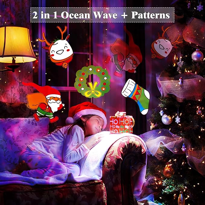 Christmas Projector Lights Outdoor, Holiday Projector With Remote Control Timer, 26 HD Effects (3D Ocean Wave & Patterns) Waterproof Landscape for Halloween Party Decorations