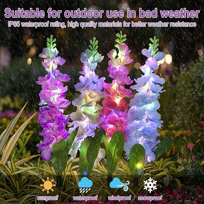 Solar Garden Lights, Solar Delphinium Flowers Lights 4 Pack 80 LEDs, Waterproof Solar Outdoor Lights Two Lighting Modes for Outside Wedding Party Garden Yard Patio Lawn Decor
