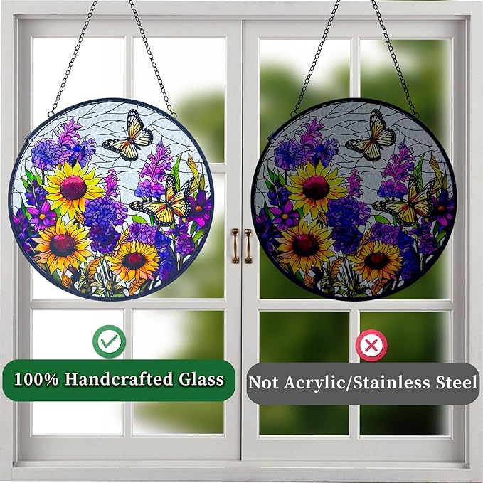 Butterfly Sunflower Stained Glass Suncatchers - Handcrafted Round Glass Art for Windows & Doors Décor - Decoration for Home Garden Christmas Party Wedding Housewarming Gifts