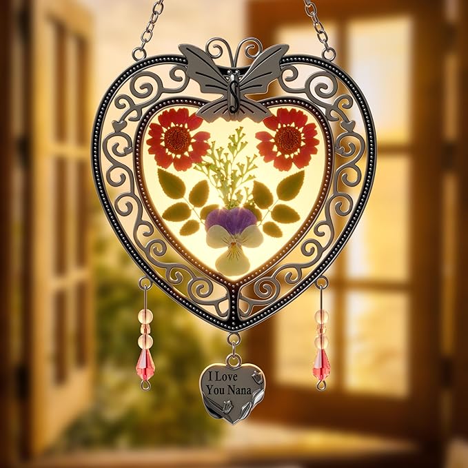 KY&BOSAM Heart Suncatchers I Love You Nana Tree of Life Stained Glass Panels Hangings for Windows Wind Chime Home Garden Outside Decor with Pressed Real Flower Heart in Glass Birthday Gifts for Women