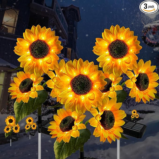 3 Pack Sunflower Solar Lights Outdoor Decor with 3 LED Sunflower Yellow Flower Lights Decorative Waterproof for Patio Lawn Garden Yard Pathway Decoration