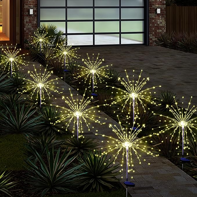Solar Garden Firework Lights Outdoor Waterproof 6 Pack Solar Powered Art Stake Twinkle Lighting for Outside Decor, 120 LED Sparklers String Lights for Yard Pathway Patio Party Decorations (Warm White)