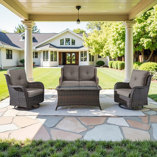 4 Piece Patio Furniture Set - Outdoor Glider Bench with Swivel Rocker Chairs and Coffee Table, High Back Small Outdoor Conversation Furniture Sets for Deck Sunroom Balcony Backyard