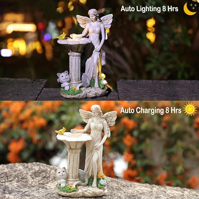 Angel Garden Statue, Solar Figurine with Outdoor Décor Resin Cat Sculpture Lawn Ornament,Ideal Yard Art for Patio Lawn Yard Housewarming Garden Gift