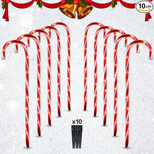 26" Candy Cane Lights Christmas Decorations - 10 Pack Pathway Markers Outdoor Yard Decorations, Red Christmas Candy Cane Lights for Walkway, Xmas Outside/Indoor Ornaments, 100 Lights Bulbs