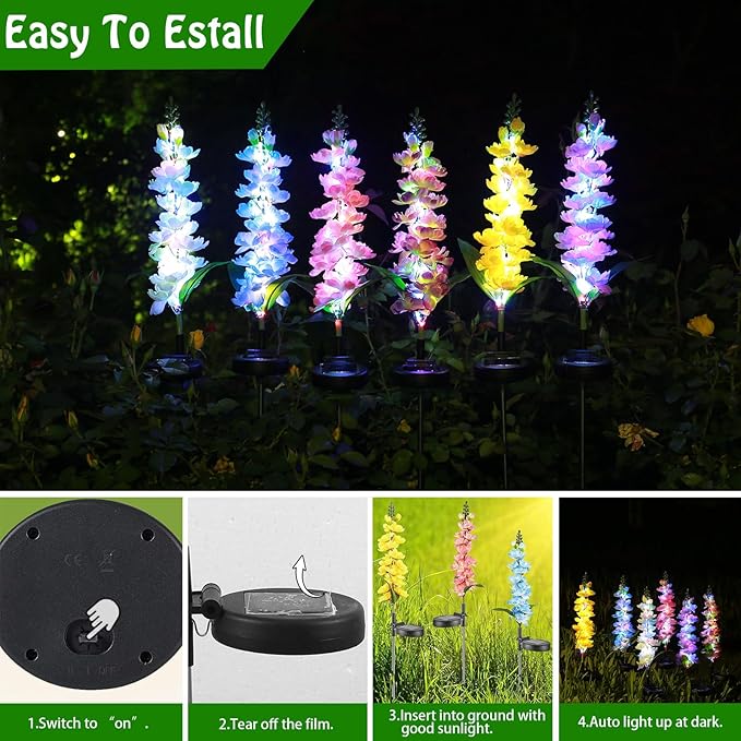 Solar Delphinium Flowers Lights Waterproof Color Lights Upgraded Solar Panel 2 Light Modes Solar Waterproof LED Solar Lights Outdoor for Yard Garden Lawn Pathway Decoration (2)
