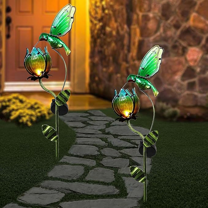 TERESA'S COLLECTIONS Glass Flower Bird Pathway Solar Outdoor Light for Garden Decor, 41'' Tulip and Hummingbird Metal Decorative Stakes Yard Art for Lawn Patio Porch Decorations, Gifts for Mom