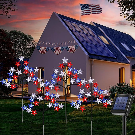 Solar 4th of July Stake Lights, Red White and Blue Lights Outdoor Decorations, Led Patriotic Lights Battery Operated for Memorial Day, July 4th, Veterans Day Outside Decor (4 in 1)