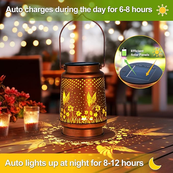 Mothers Day Gifts, 4 Packs Solar Lanterns Outdoor Hanging Lantern Lights, 4 Hummingbirds Hollowed-Out Metal Decor Lantern, Waterproof LED Decorative Garden Light Gifts