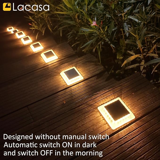Lacasa Solar Deck Lights, 8 Pack 30LM LED Dock Lights Warm White 2700K, Outdoor Solar Powered Step Lights Light up All Night IP68 Waterproof Auto ON/Off for Garden Stairs Driveway Pathway Lighting