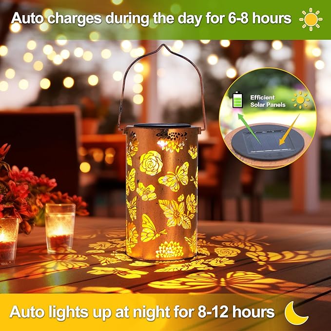 4 Pack Butterfly Solar Lanterns Outdoor Hanging Lantern Lights, Flower Pattern Waterproof LED Garden Decorative Light for Patio Yard Pathway Lawn Front Porch Tree