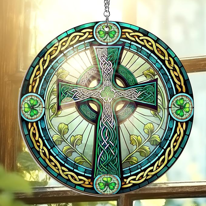 Irish Gifts, St Patricks Day Decor - Birthday, Christmas, Good Luck Irish Gifts for Men Women, Shamrock Decorations, Celtic Cross Home Decor - Window Suncatcher Hanging Decorations 6 in