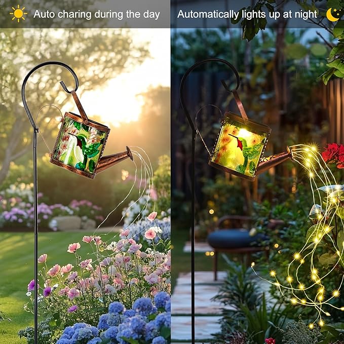 Larekook Solar Outdoor Watering Can Lights Decorative Path Lights, Metal Glass Solar Garden Light Outdoor Waterfall Decor Ornament for Yard Lighting Outside Hummingbird