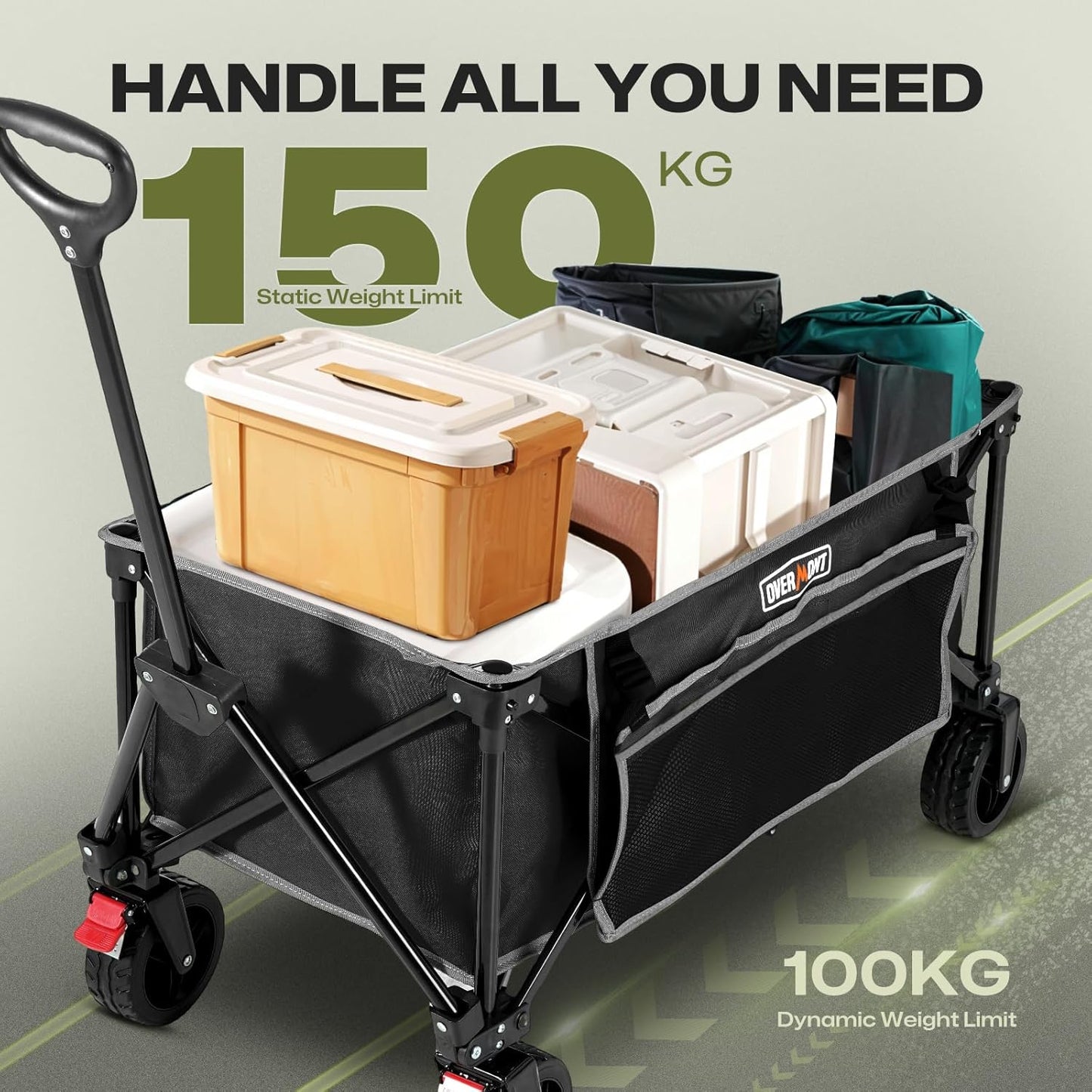 Overmont Collapsible Wagon Cart with Wheels - 180L Foldable Heavy Duty Wagon with Big All-Terrain Wheels - 330Lbs Weight Capacity with Side Pockets for Camping Sports Garden Grocery Shopping Black