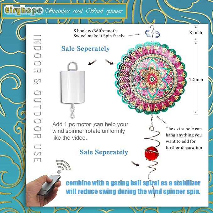 Wind Spinner Mandala Manjusaka Laser Cut Stainless Steel Wind Spinners for Yard and Garden Decoration 3D Kinetic Metal Art Ornament Hanging Wind Sculptures Outdoor Decor Creative Gifts Ideas