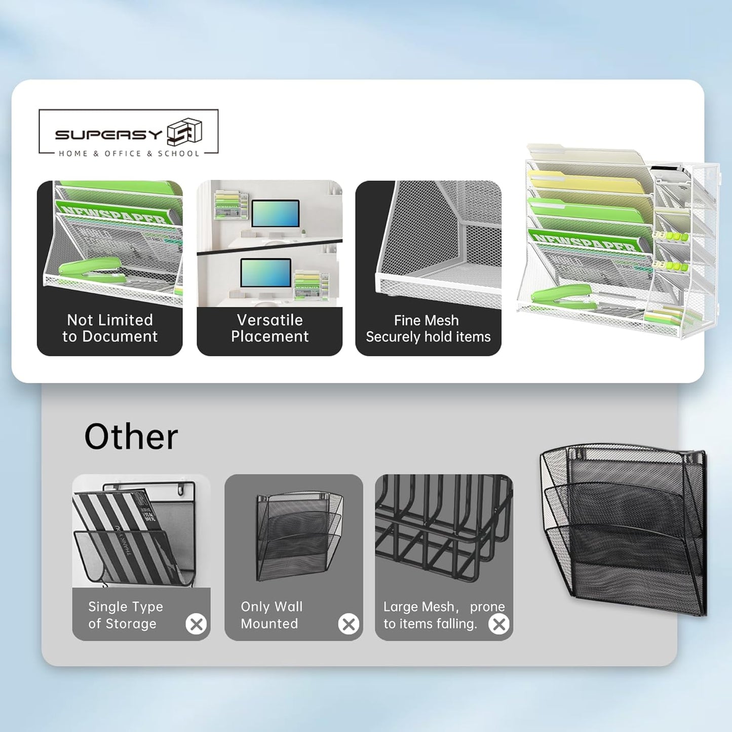 SUPEASY Wall File Organizer, 5-Tier Desk Organizer with 4 Pen Holders, Wall Organizer for Office with R-shaped Bottom Tray, Desk Organizers and Accessories for Office Supplies, White