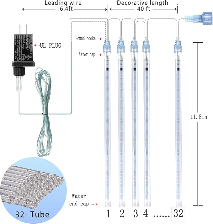 Christmas Lights Outdoors, 32 Tubes(Equivalent to 4 Sets of 8-Tubes) Meteor Shower Rain Lights - Blue lcicle Christmas Light Outdoor for Xmas Tree Wedding Party Holiday House Yard Decor, UL Plug