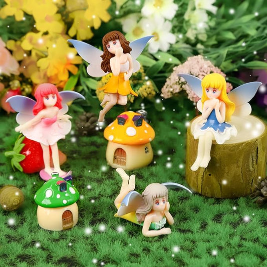 Miniature Fairy Garden Accessories, Fairy Figurine Set, Flower Pot,Garden Wands, Home Decoration, Birthday Cake Topper, 6 Pieces, Children's Outdoor Statues