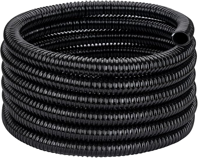 Pond Tubing ID 1/2” × 20ft Black Corrugated Flexible Reinforced Waterfall Pond Tube Sump Pump Hose, Non-toxic & Kinkproof (20 ft, 1/2" ID)